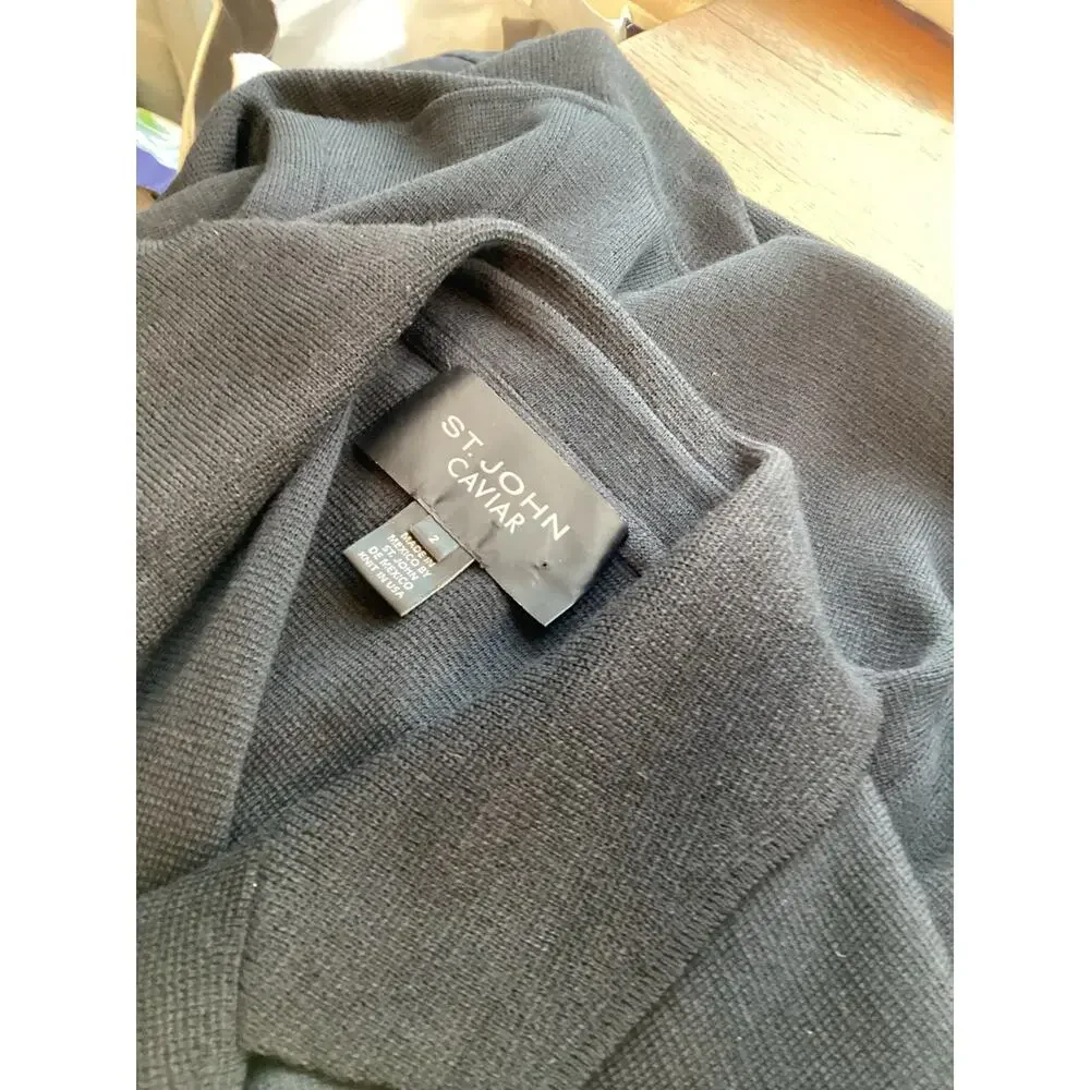 ST. JOHN CAVIAR Black Open Cardigan Ruffle Edge Wool Jacket Evening Blazer 2